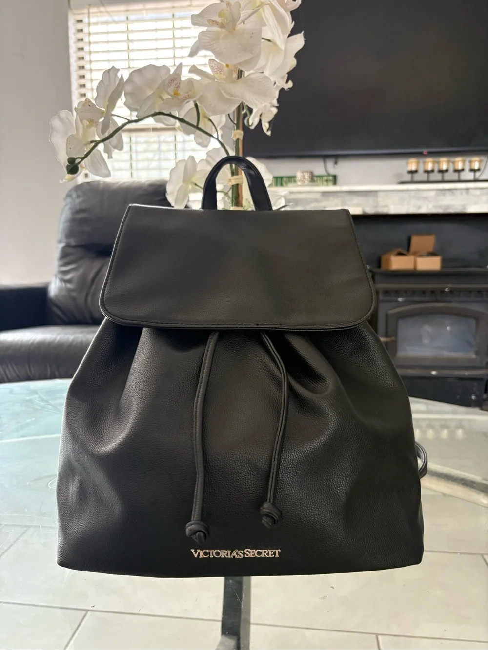 Victoria's Secret Black Drawstring Flap Backpack